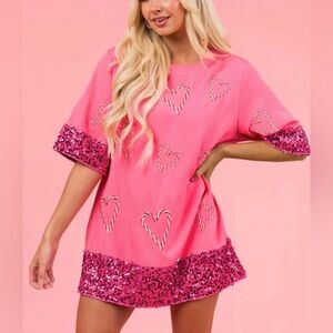 Hot Pink Candy Cane Half Sleeve Sequin Dress